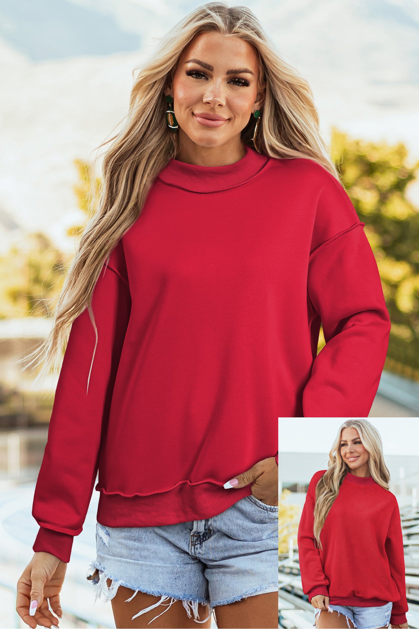 Apricot Oversize Drop Shoulder Reversible Mock Neck Sweatshirt