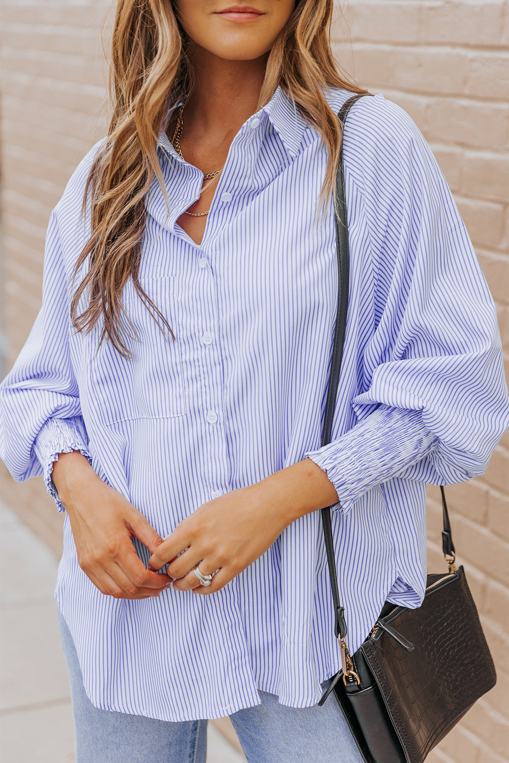 Blue Stripe Striped Casual Shirred Cuffs Shirt