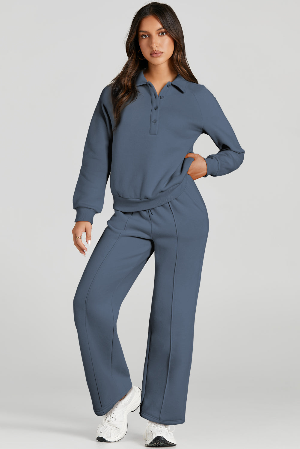 Sail Blue Solid Collared Sweatshirt and High Waist Pants Active Set