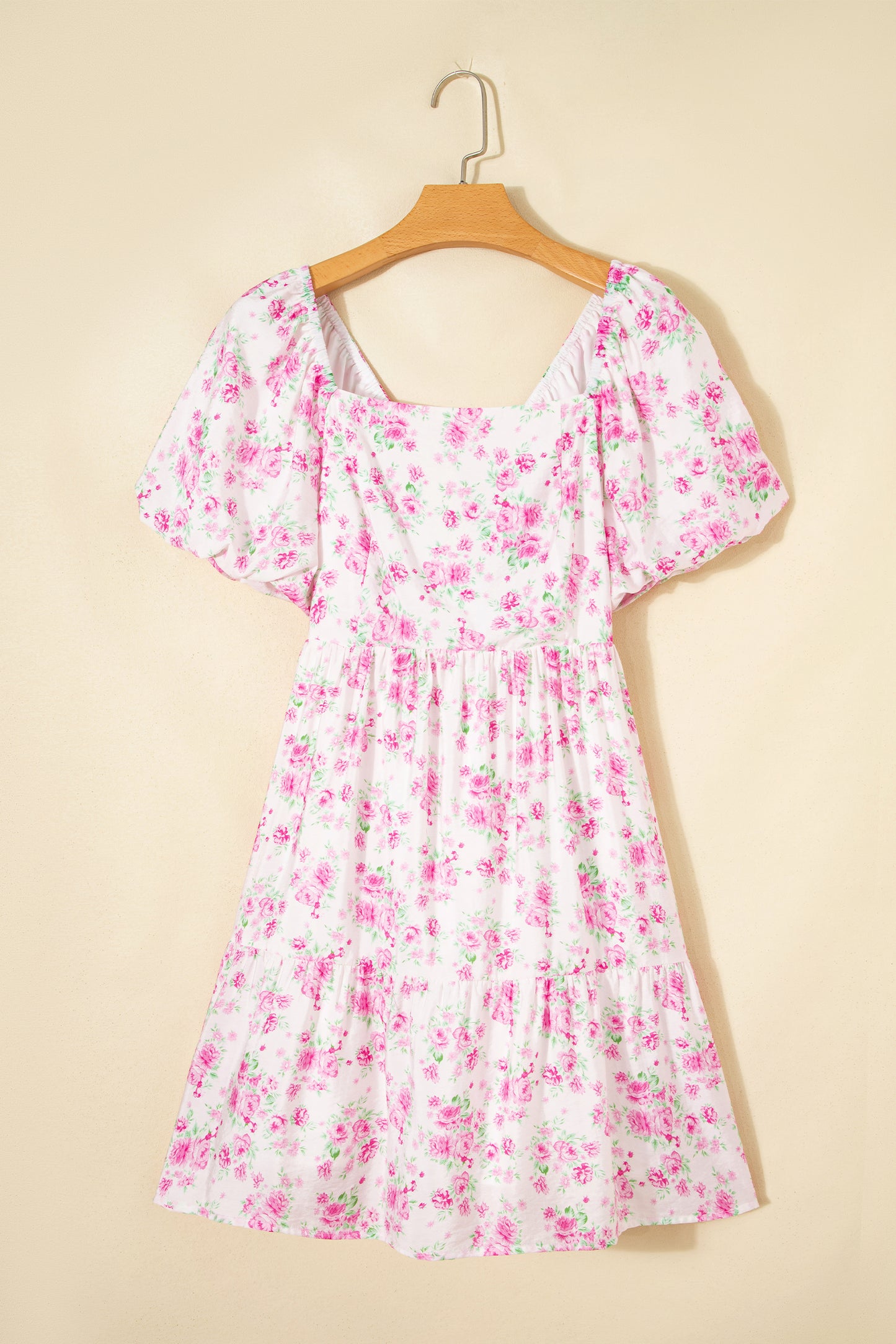 Pink Floral Print Square Neck Ribbon Knot Back Cute Mini Dress