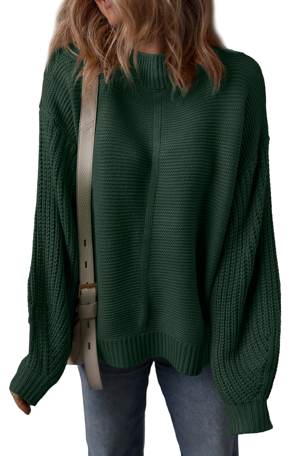 Mist Green Solid Color Front Seam Drop Shoulder Loose Sweater