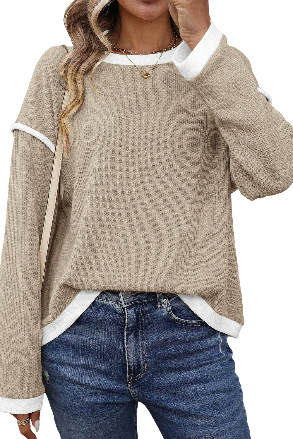 Light Pink Contrast Color Trim Knit Drop Shoulder Loose Top