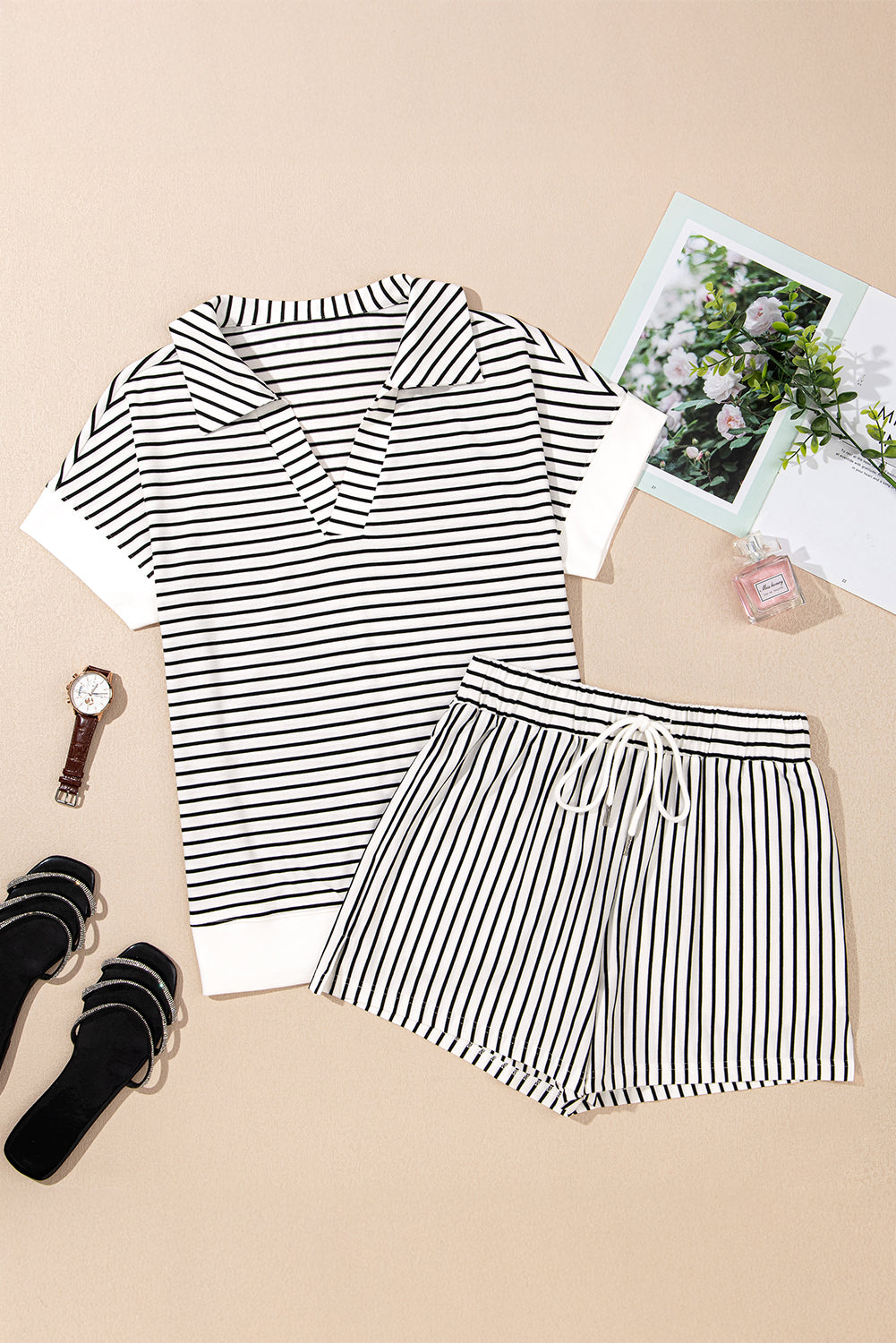 Black Striped V Neck Tee and Casual Shorts Set