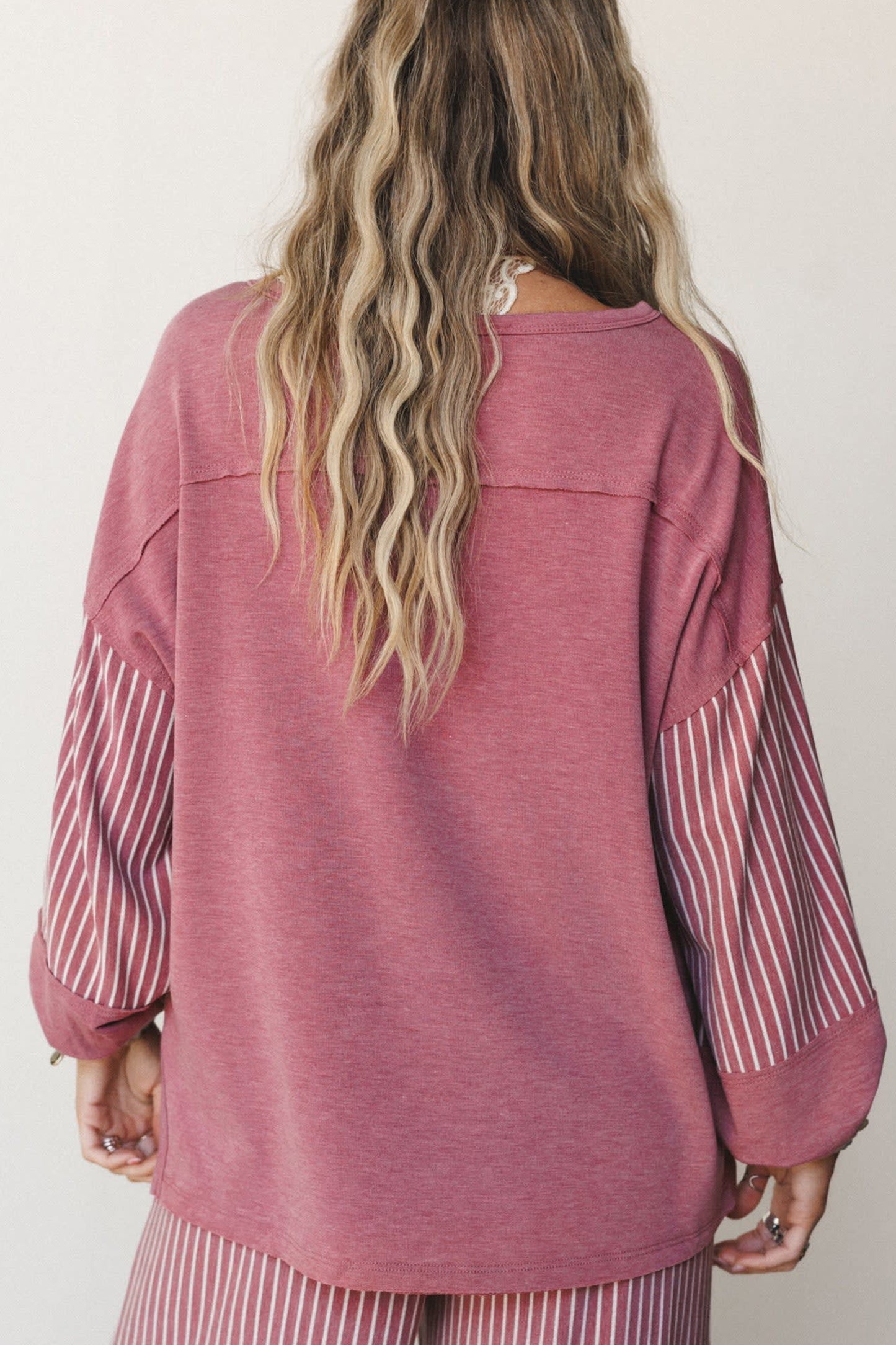 Fushia Raw Seam Patchwork Long Sleeve Top Pocket Casual Pants 2pcs Set
