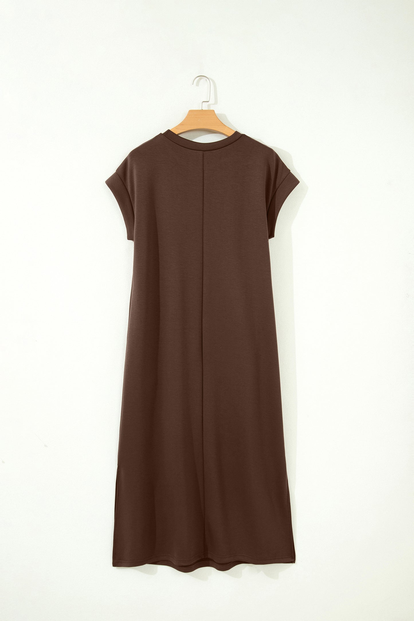Red Sandalwood Solid Color Long T Shirt Dress with Slits