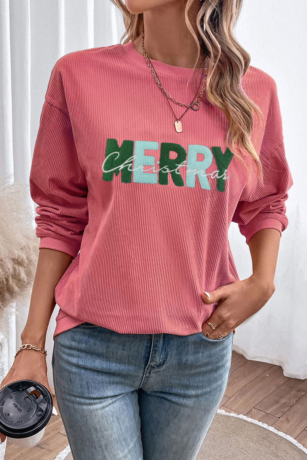 Strawberry Pink MERRY Christmas Terry Flocking Corded Graphic Sweatshirt