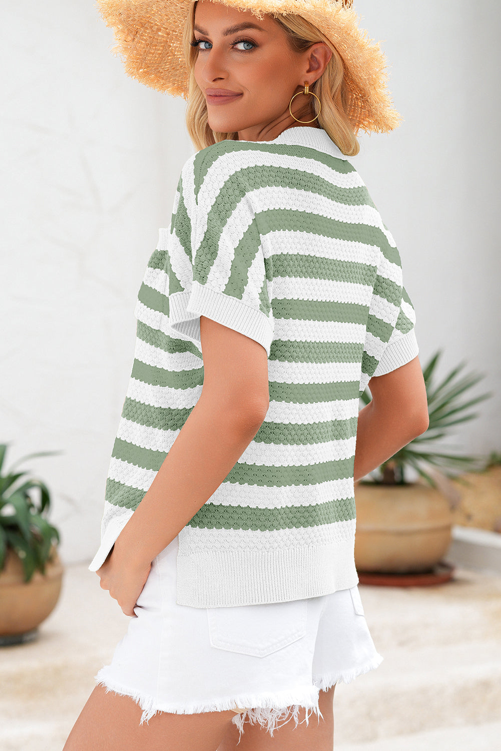 Green Stripe V Neck Short Sleeve Sweater with Side Slits