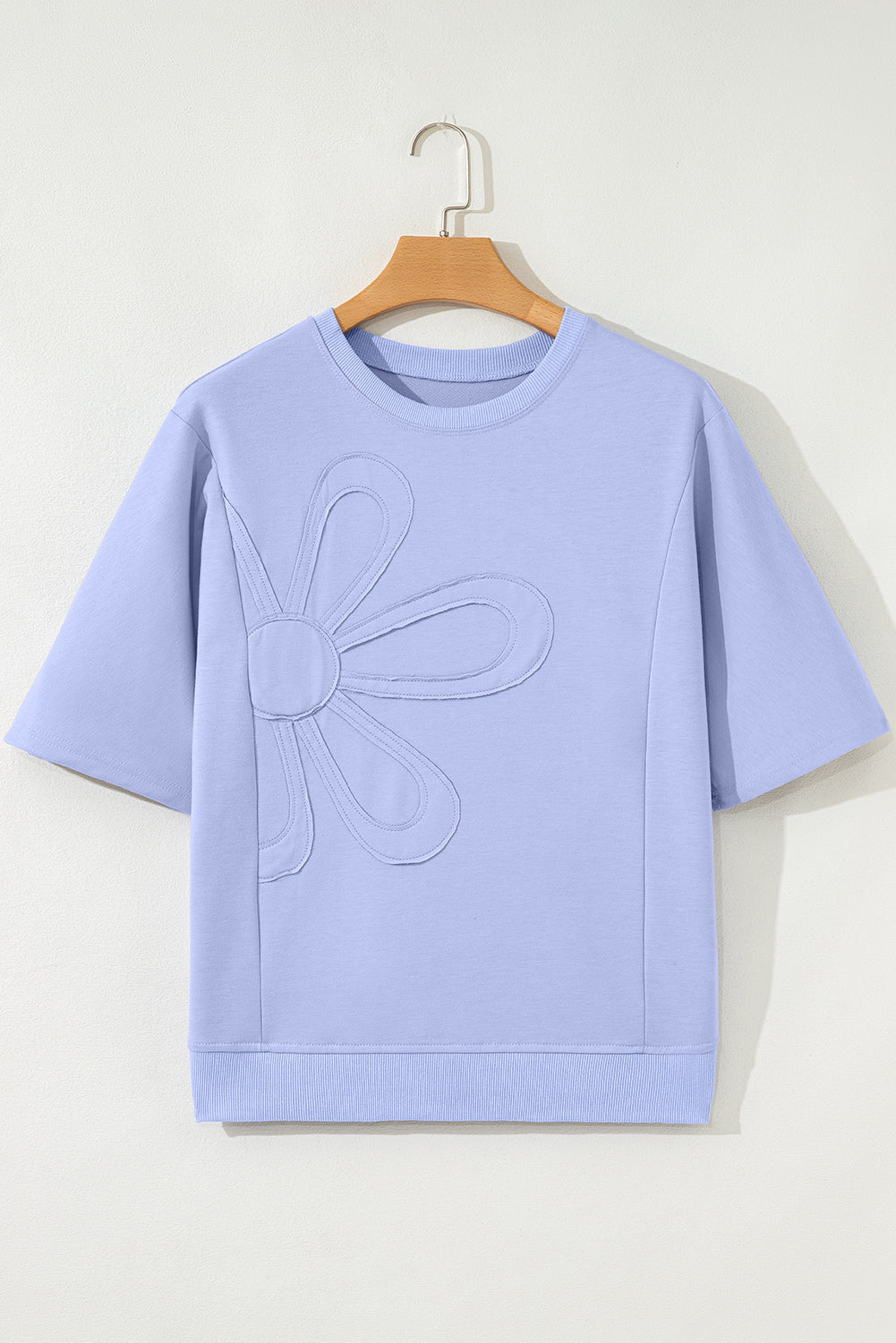 Clearly Aqua Solid Color Floral Patched Half Sleeve Tunic Top