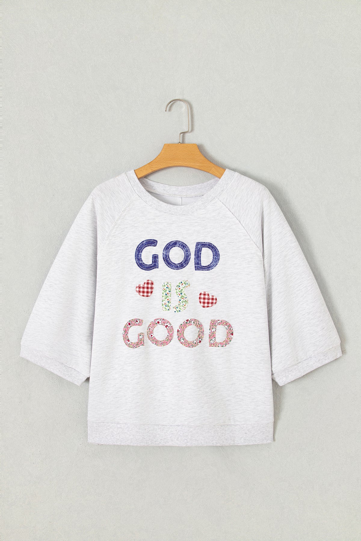 Light Grey GOD IS GOOD Patchwork Applique Relaxed 3/4 Sleeve Tunic Top