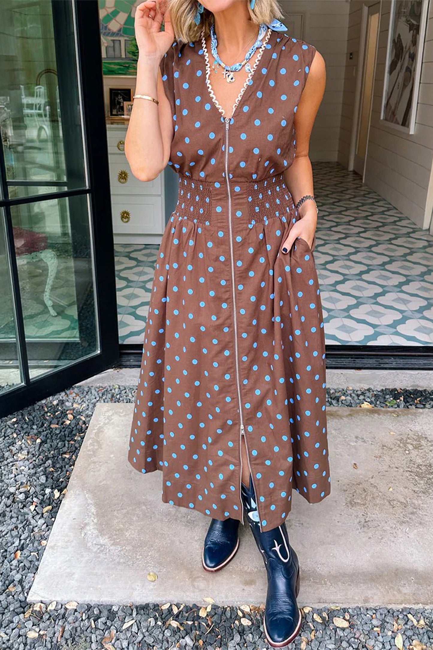 Brown Polka Dot Print Contrast Trim V Neck Zip Up Sleeveless Dress