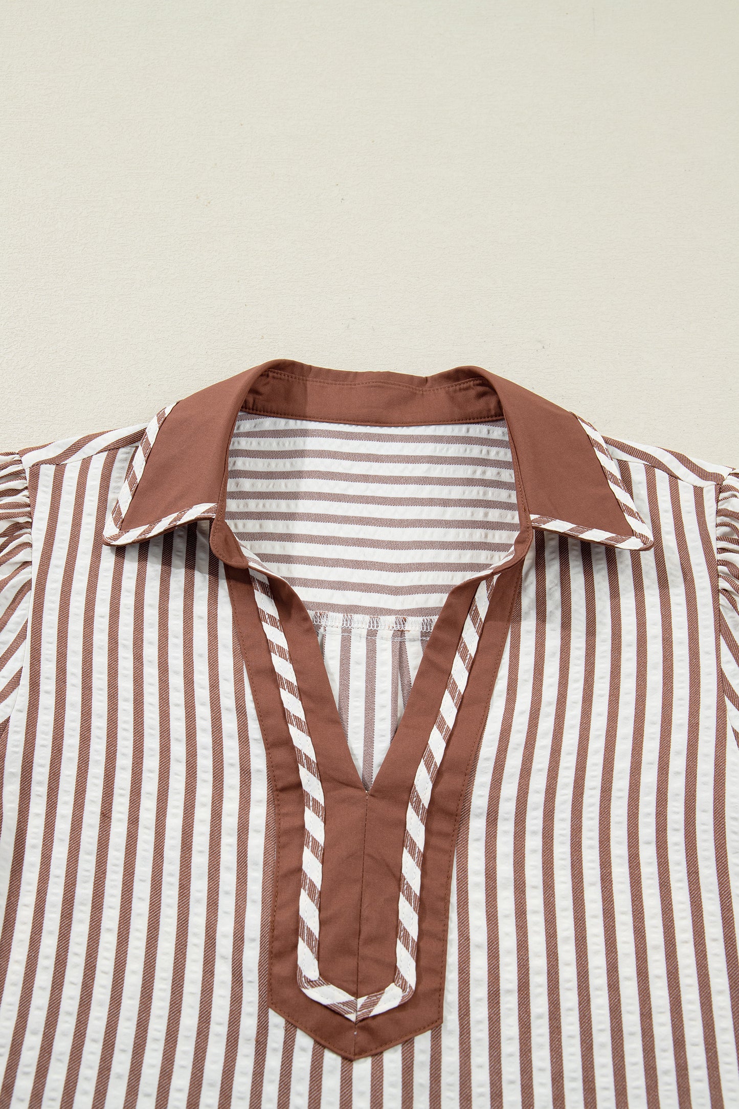 Khaki Stripe Collared Split Neck Short Bubble Sleeve Blouse