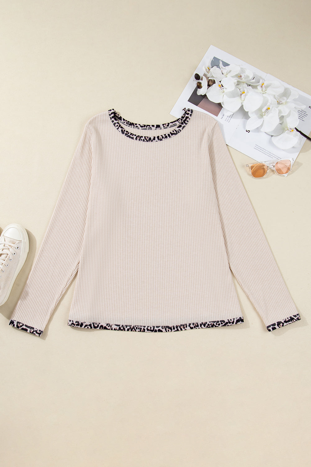 Parchment Ribbed Contrast Leopard Edge Round Neck Plus Size Top