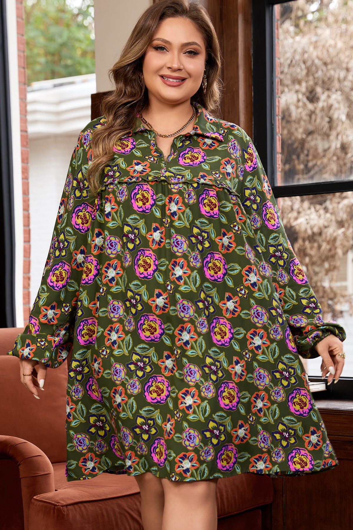 Green Plus Size Floral Print Collared V Neck Loose Mini Dress