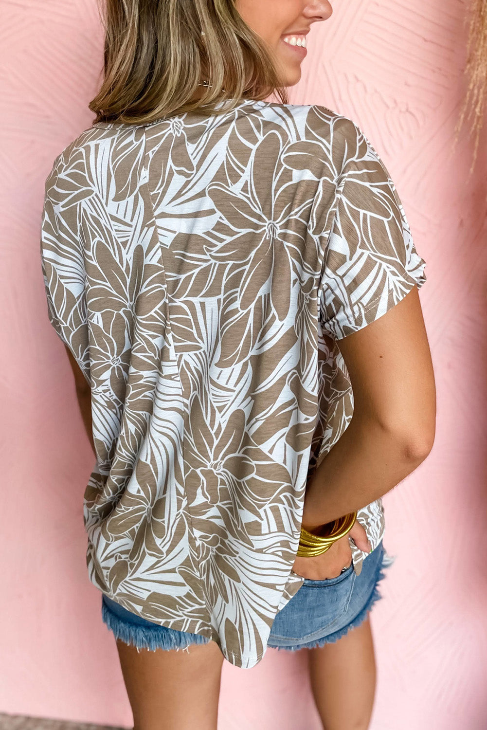 Khaki Floral Print V Neck Short Sleeve Loose Fit Blouse