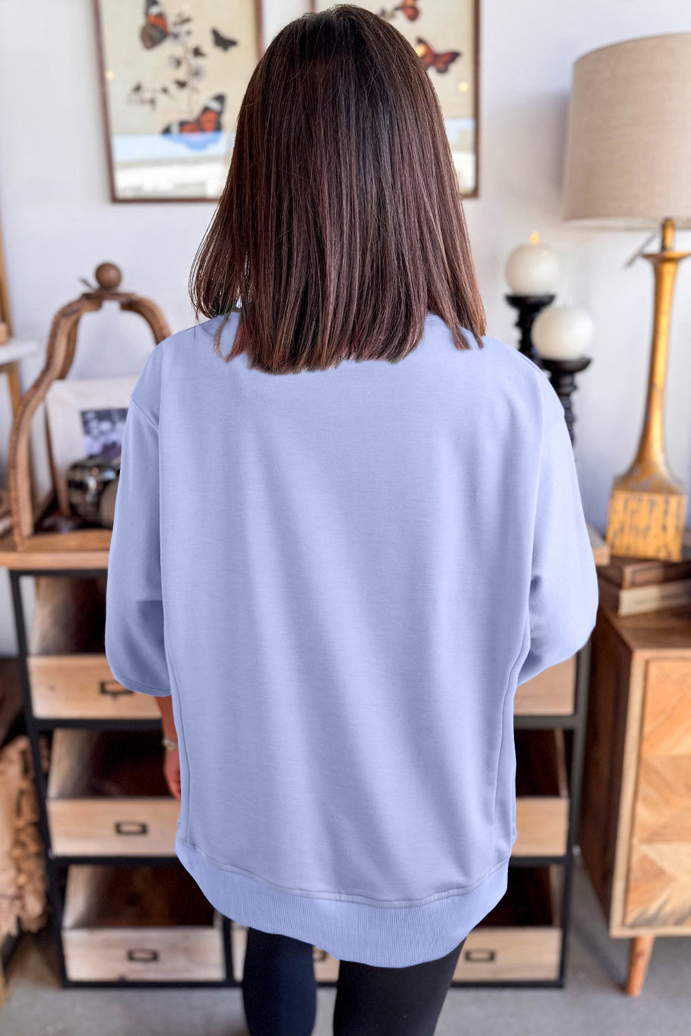 Clearly Aqua Solid Color Floral Patched Half Sleeve Tunic Top