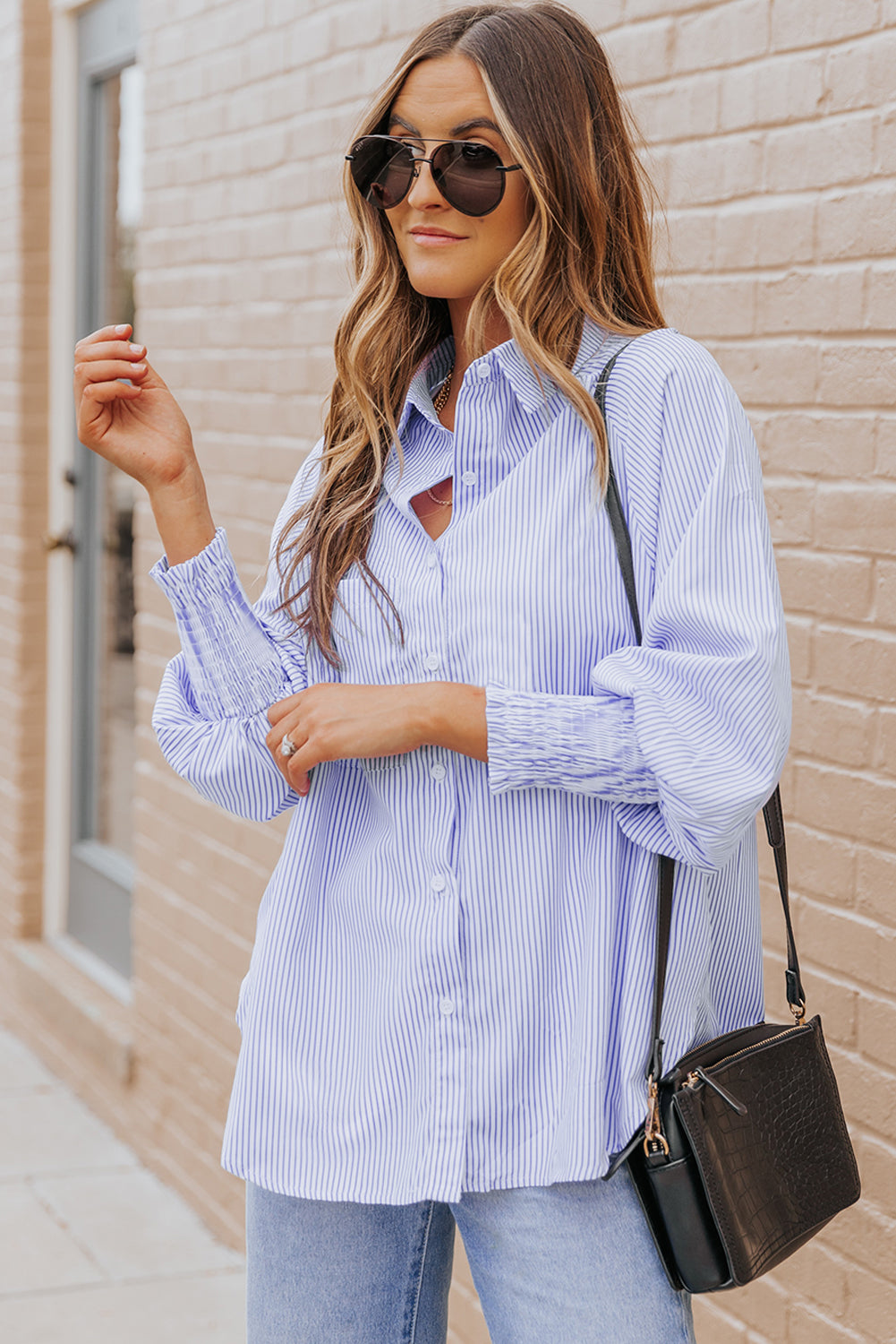 Blue Stripe Striped Casual Shirred Cuffs Shirt