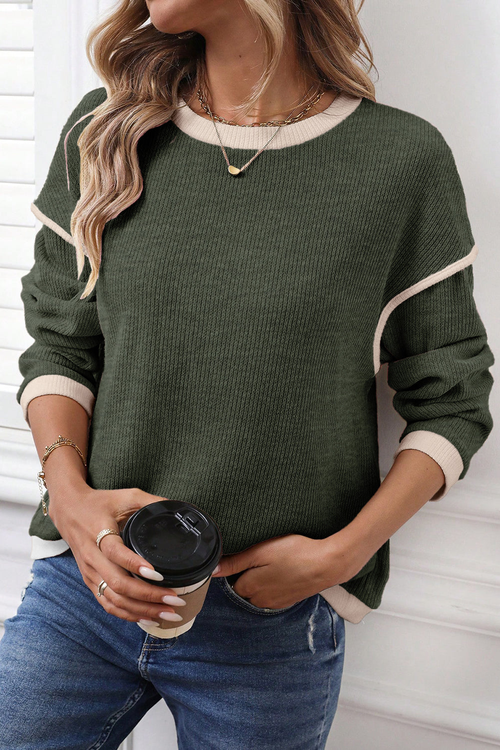 Light Pink Contrast Color Trim Knit Drop Shoulder Loose Top
