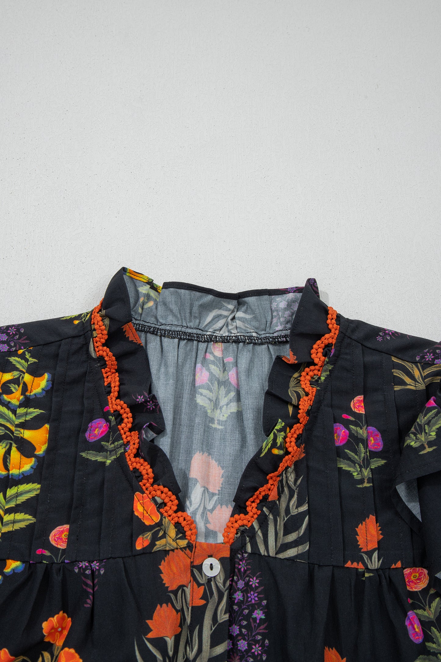 Black Floral Print Lace Trim Frilled V Neck Short Sleeve Shirt