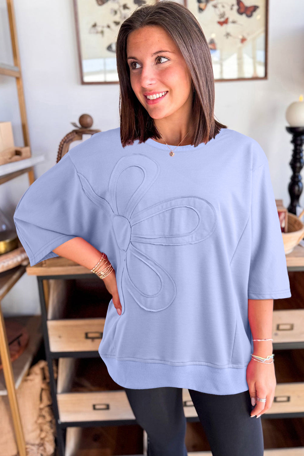 Clearly Aqua Solid Color Floral Patched Half Sleeve Tunic Top
