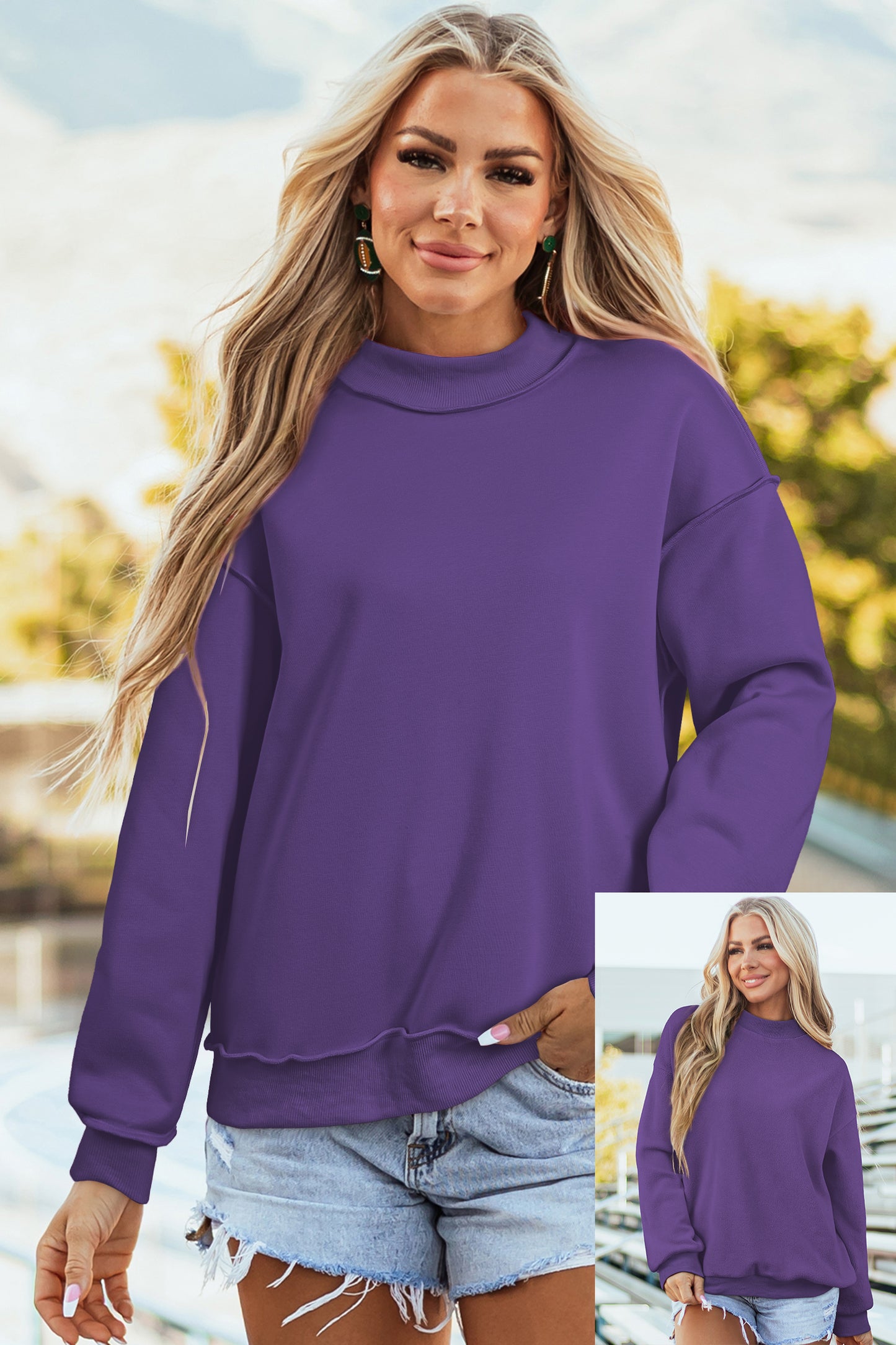 Apricot Oversize Drop Shoulder Reversible Mock Neck Sweatshirt