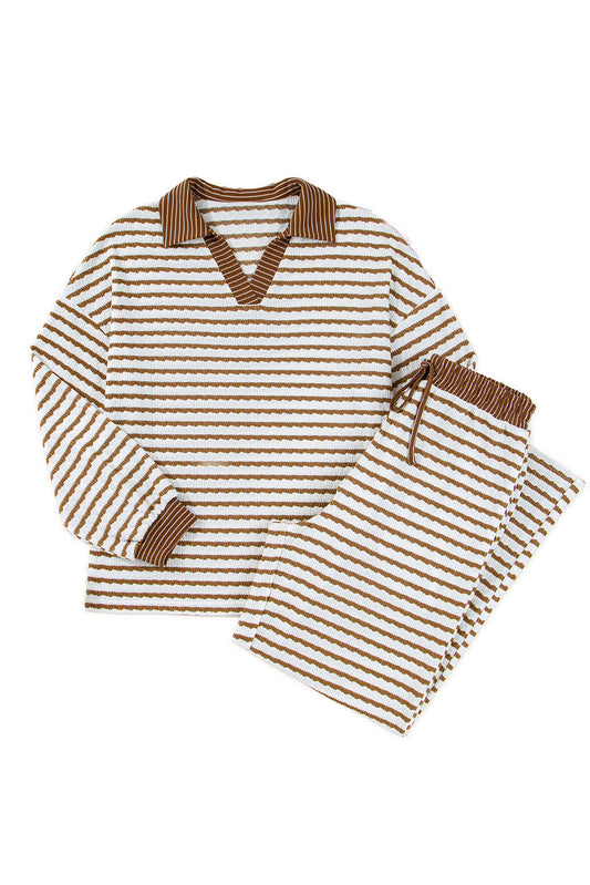 Khaki Stripe Textured Collared Pullover Top and Drawstring Pants Set