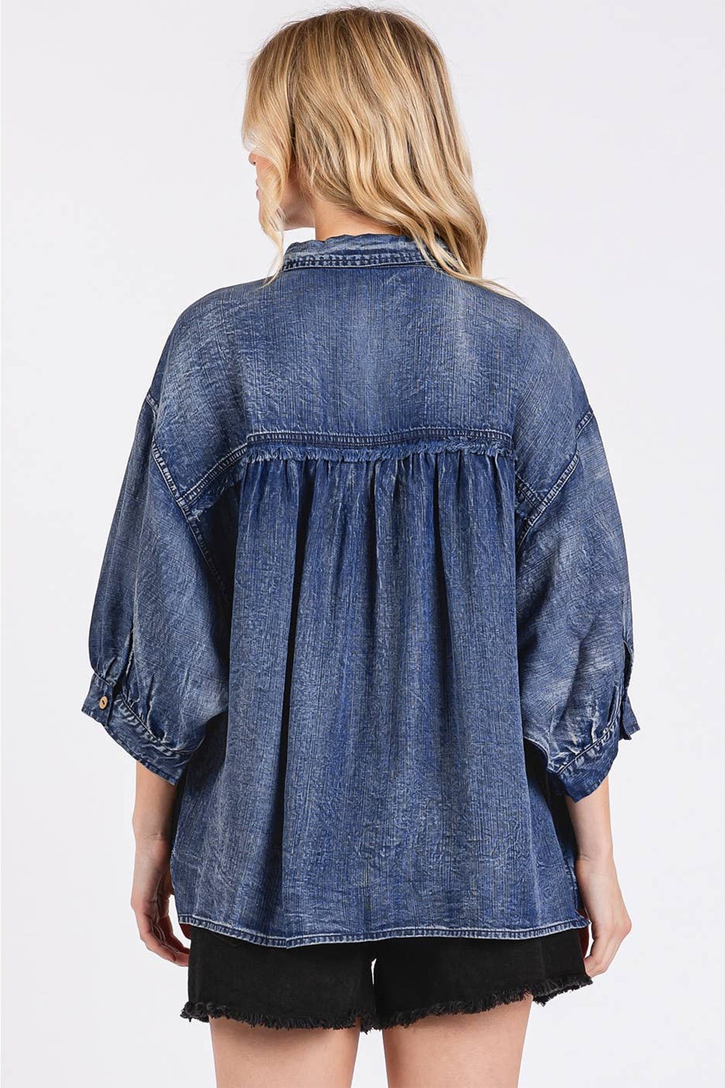 Dusk Blue Three Quarter Sleeve Button Front Loose Denim Shirt