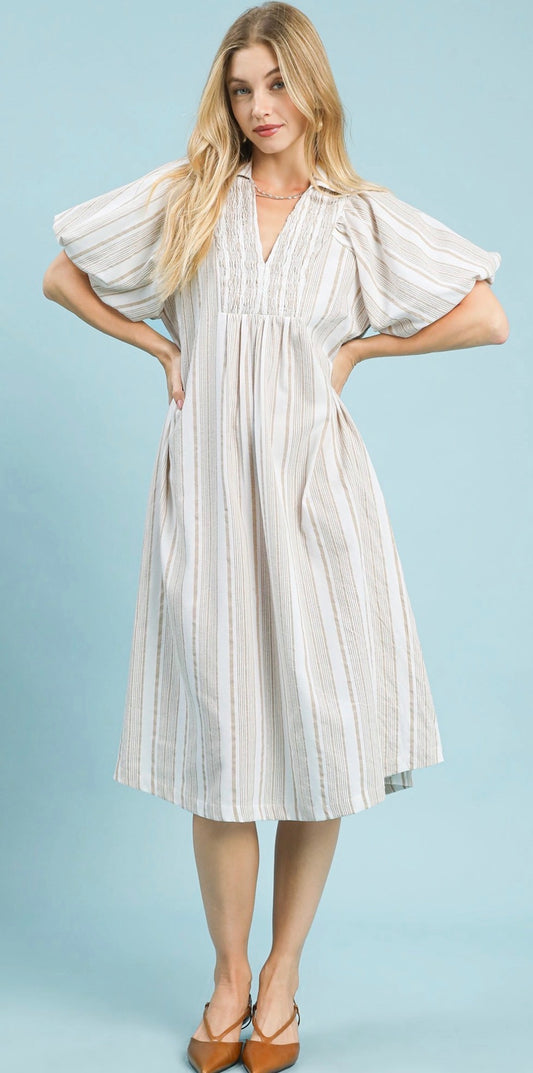Umgee V Neck Khaki Stripe Maxi Dress