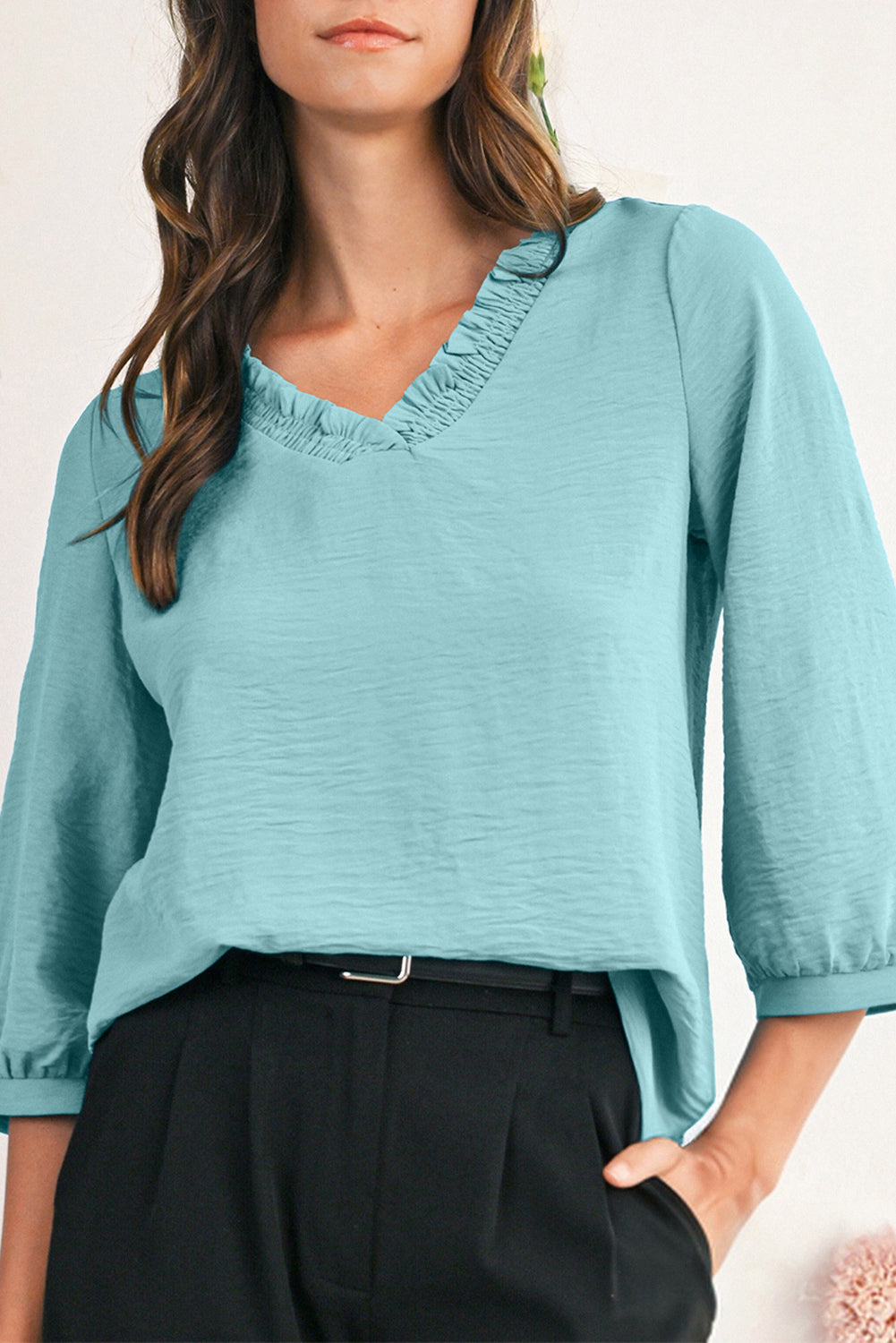 Moonlight Jade Frill V Neckline Puff Sleeve Crinkled Blouse