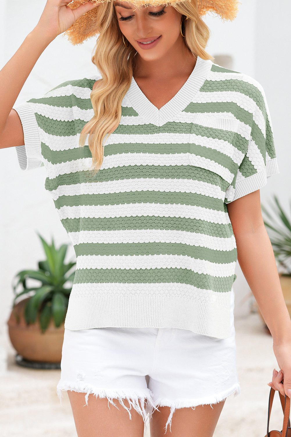 Green Stripe V Neck Short Sleeve Sweater with Side Slits