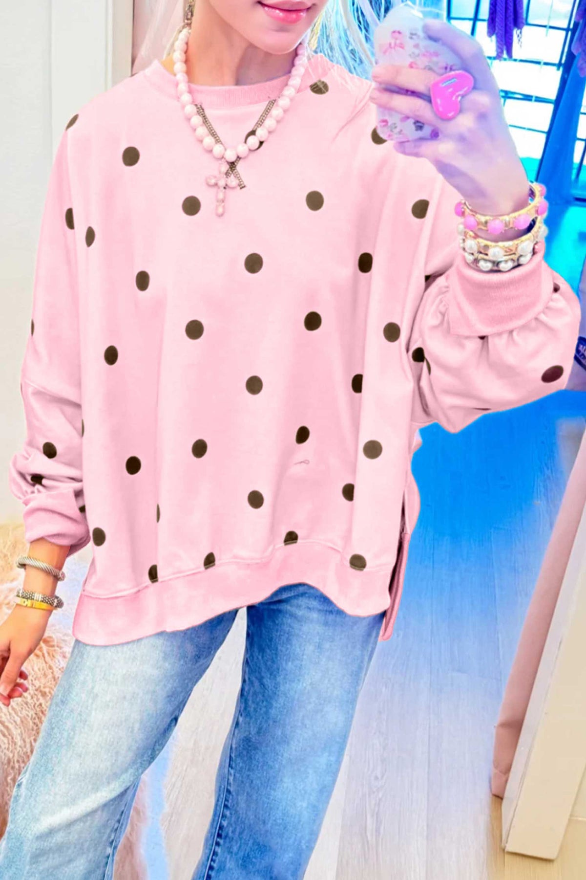 Beige Polka Dot Loose Long Sleeve Split Hem Pullover Top