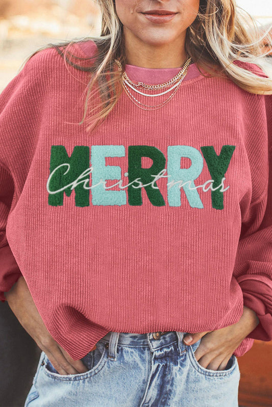 Strawberry Pink MERRY Christmas Terry Flocking Corded Graphic Sweatshirt