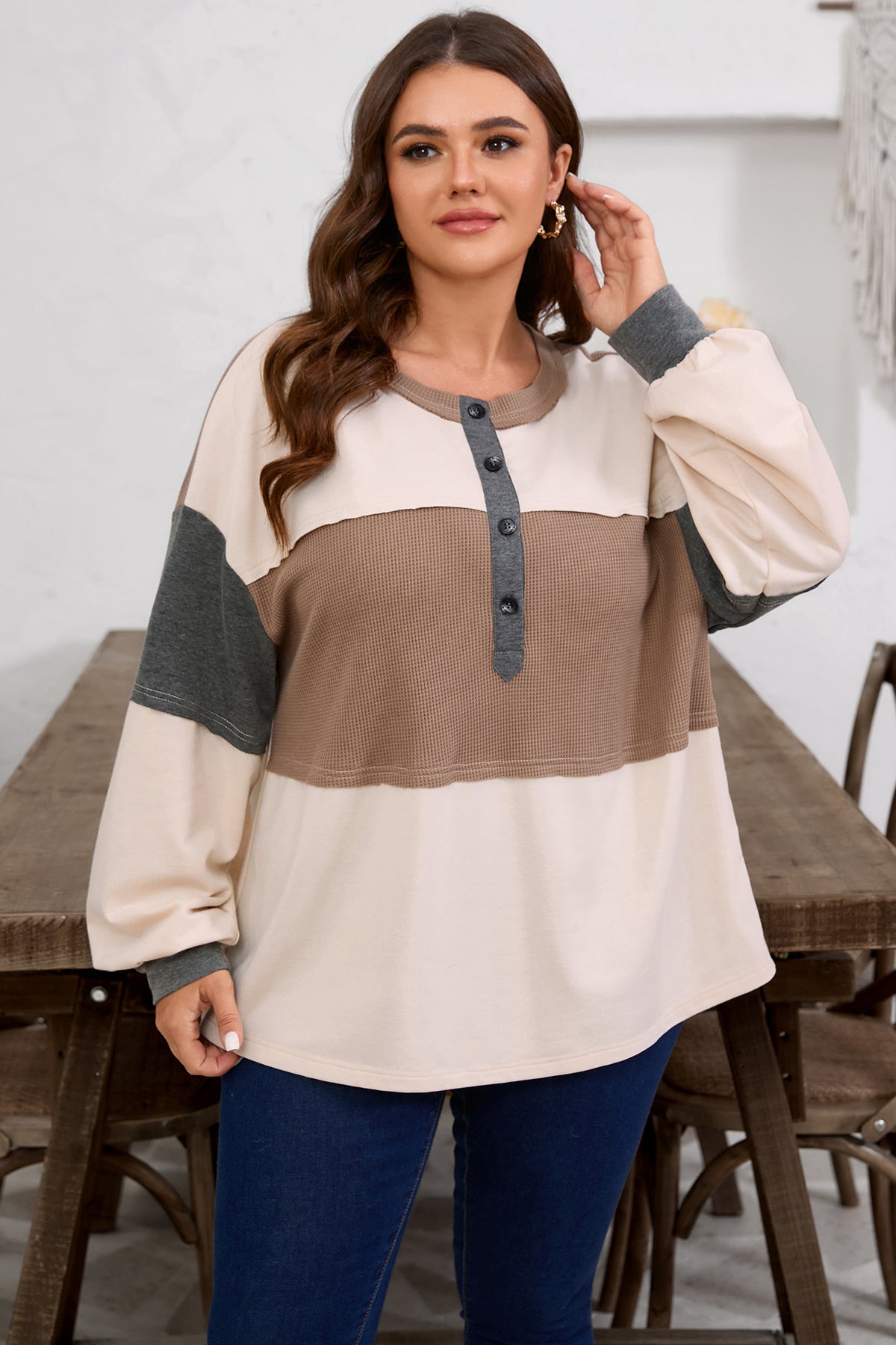 Jet Stream Waffle Patchwork Colorblock Half Buttons Casual Plus Size Knit Jumper