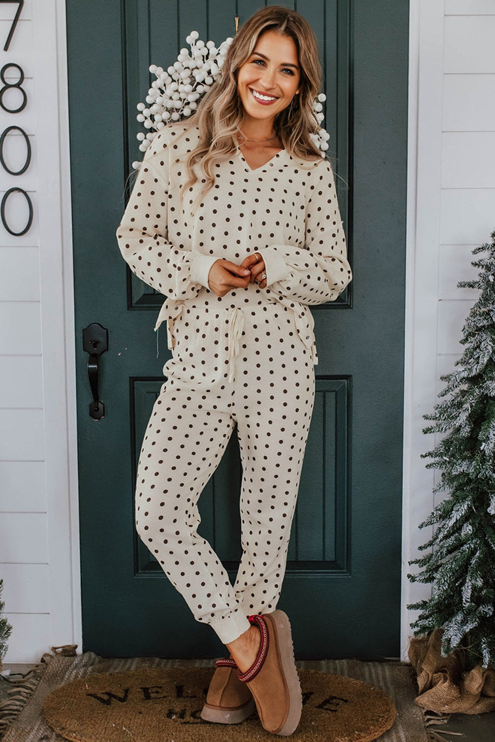 White Polka Dot Print Pullover Drawstring Jogger Pants Pajama Set