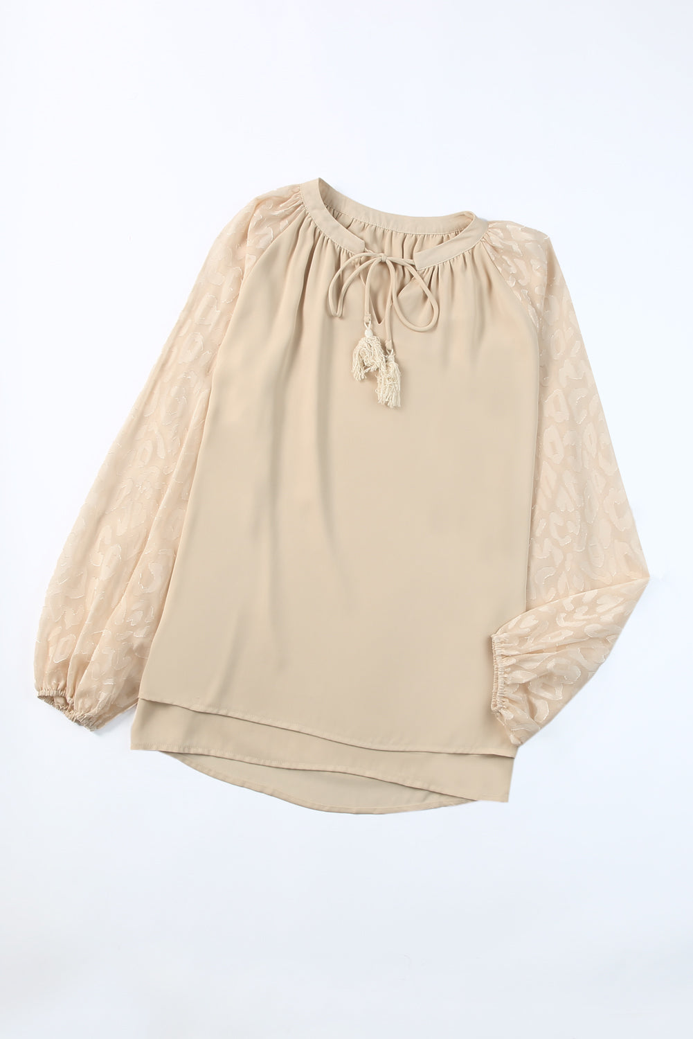 Beige Casual Leopard Sleeve Fringe Split Neck Blouse