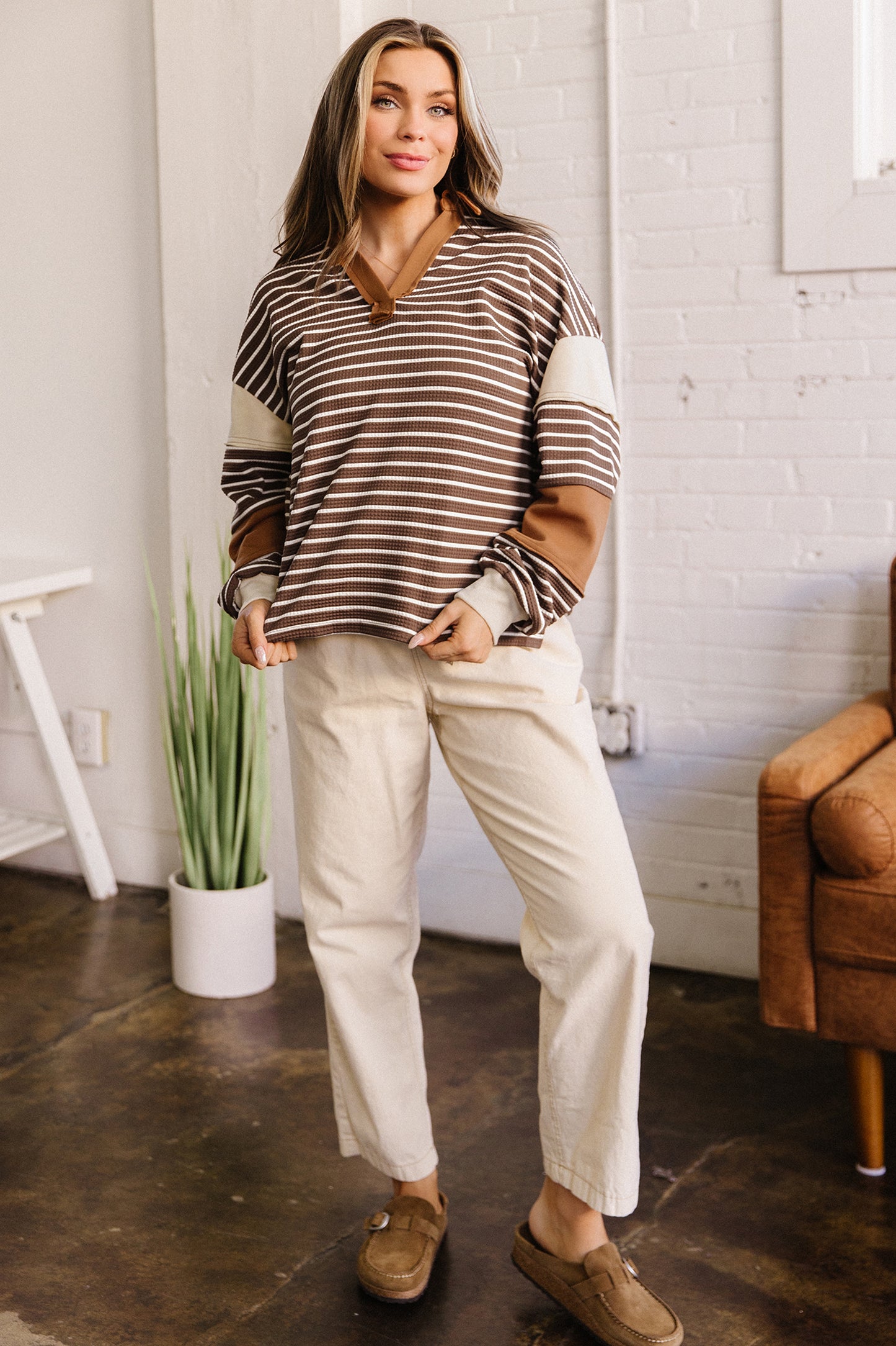 Brown Stripe Collar V Neck Color Block Detail Long Sleeve Pullover Top