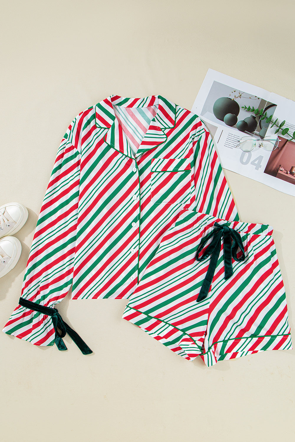 Green Striped Piping Trim Velvet Ribbon Knot Christmas Pajama Set