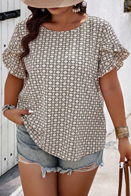 Khaki Geometric Print Frill Tulip Sleeve Plus Size Blouse
