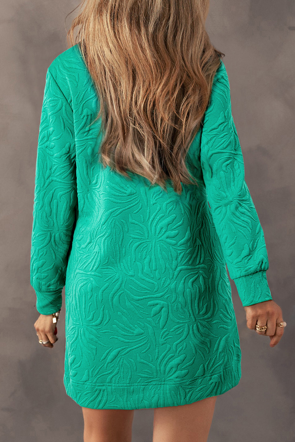 Sea Green Jacquard Textured Quarter Zipper Pop of Color Neckline Dress