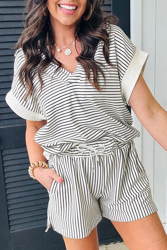 Black Striped V Neck Tee and Casual Shorts Set