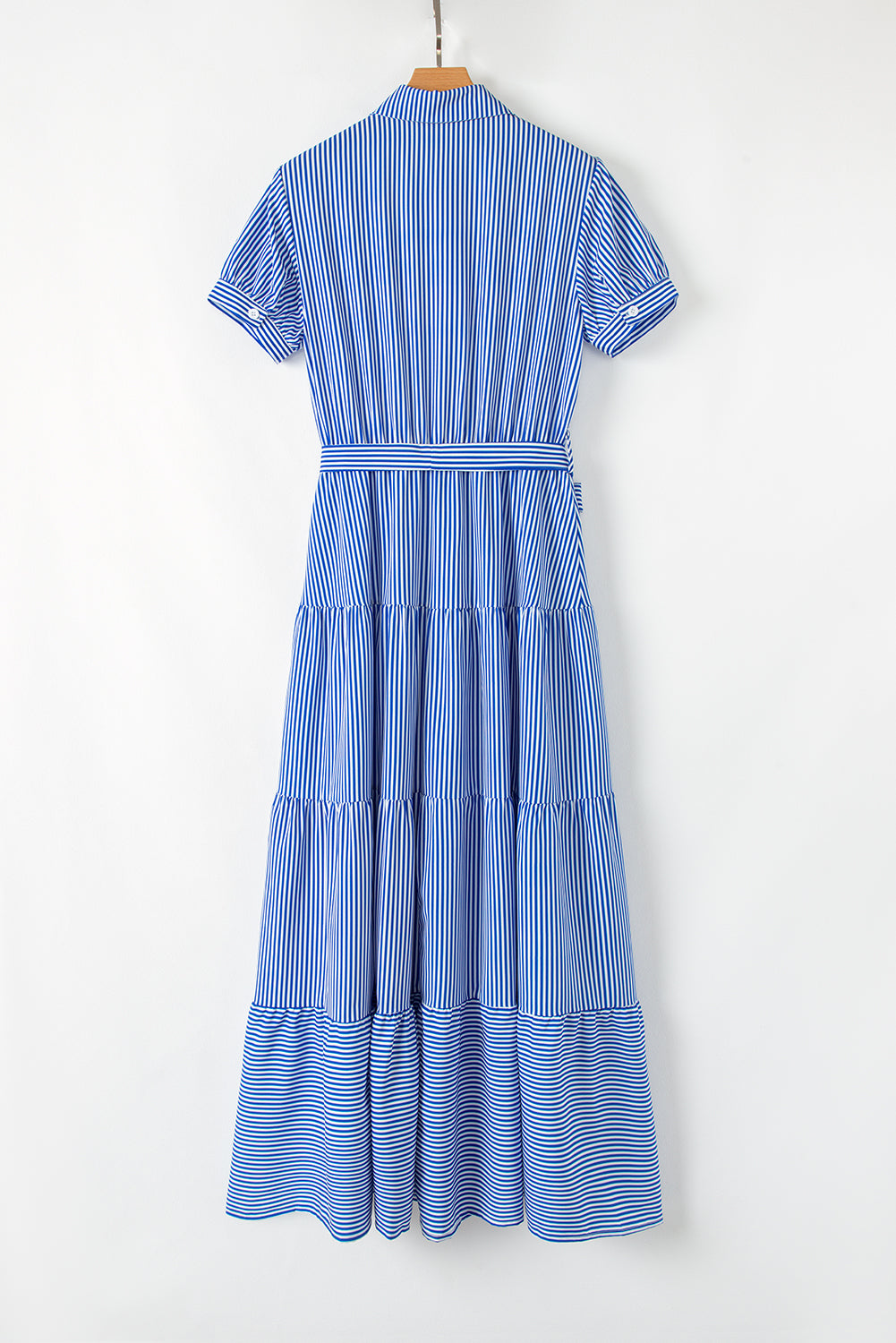 Blue Striped Button Front Belted Shirt Collar Maxi Dress