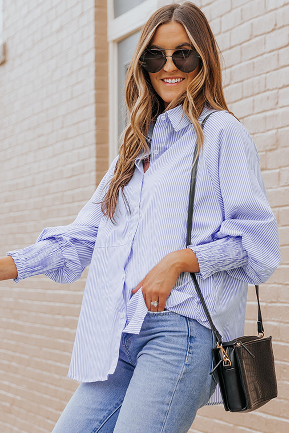 Blue Stripe Striped Casual Shirred Cuffs Shirt