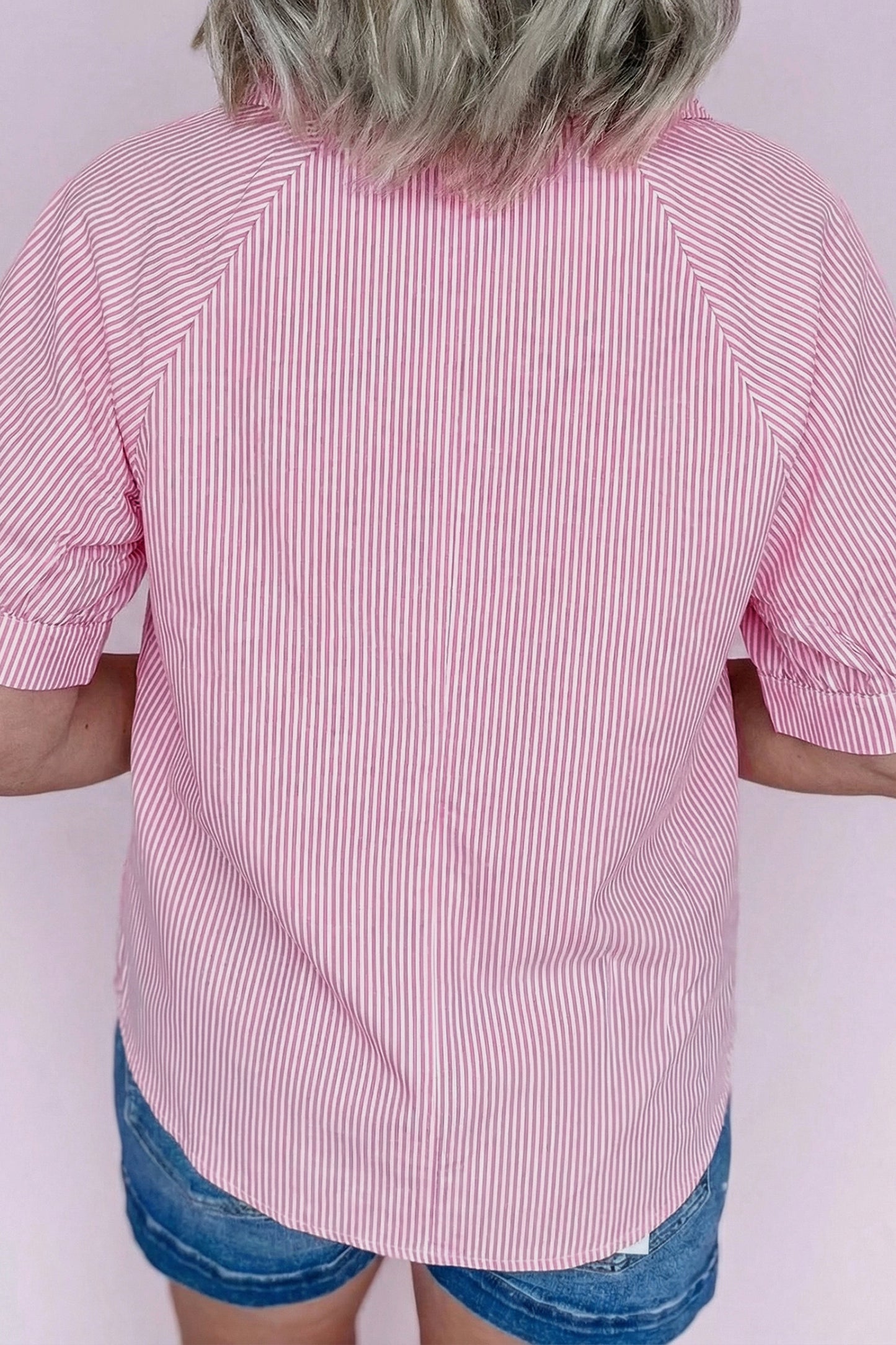 Mint Green Striped V Neck Collared Bubble Sleeve Blouse