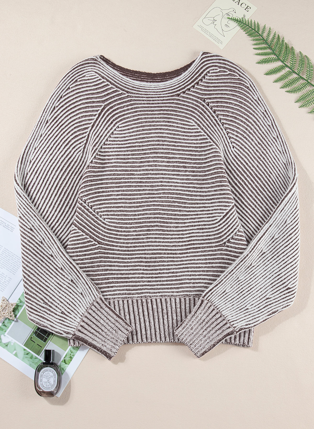 Coffee Striped Print Ribbed Knit Raglan Sleeve Baggy Sweater