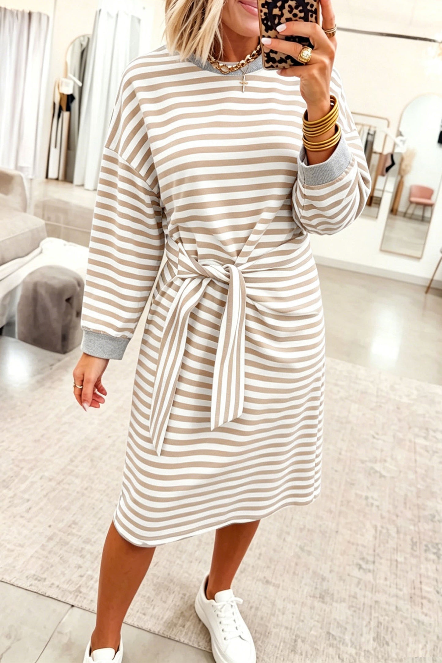 Brown Stripe Striped Colorblock Cuffs Round Neck Long Sleeve Shift Dress
