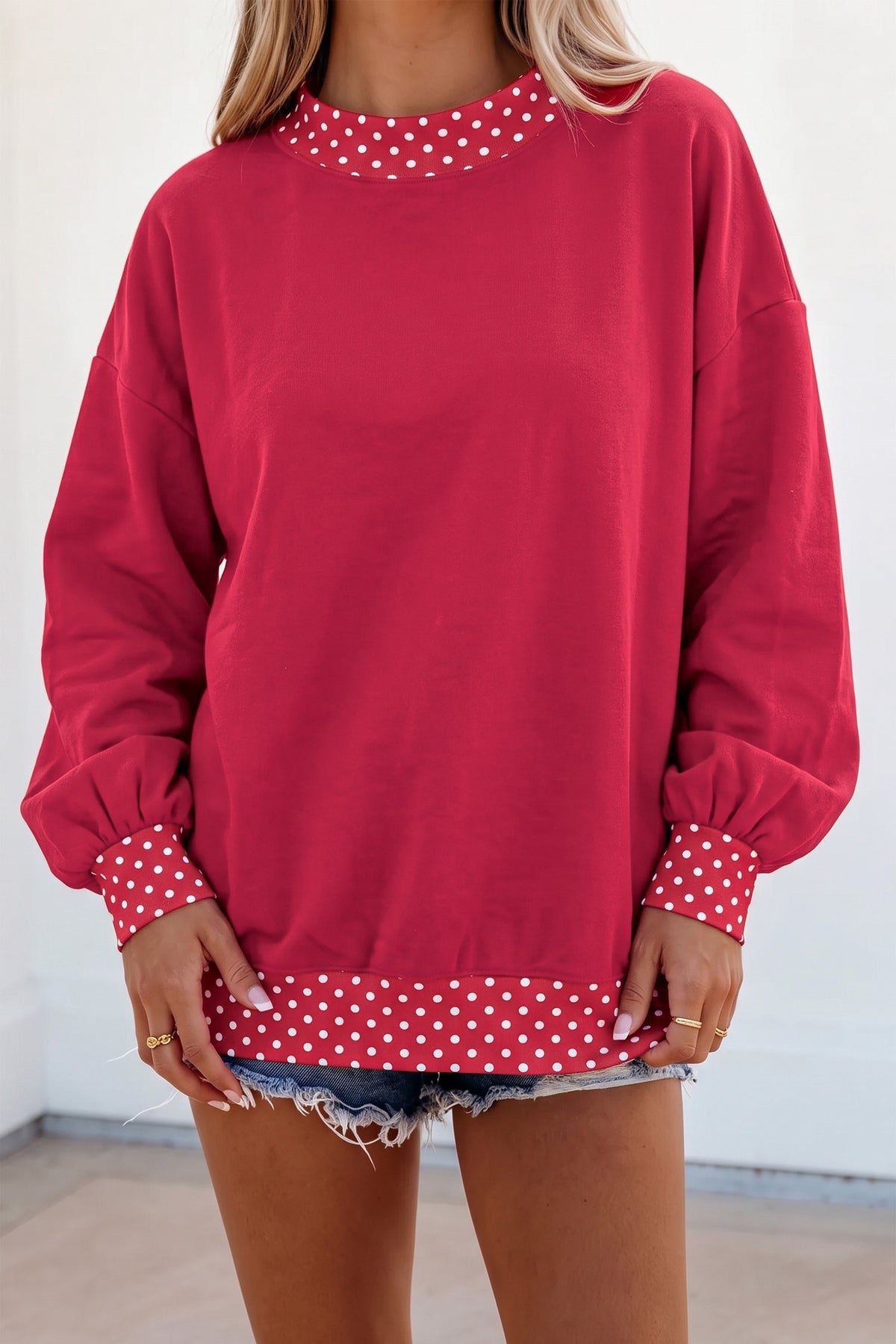 Brown Colorblock Polka Dot Contrast Trim Oversized Sweatshirt