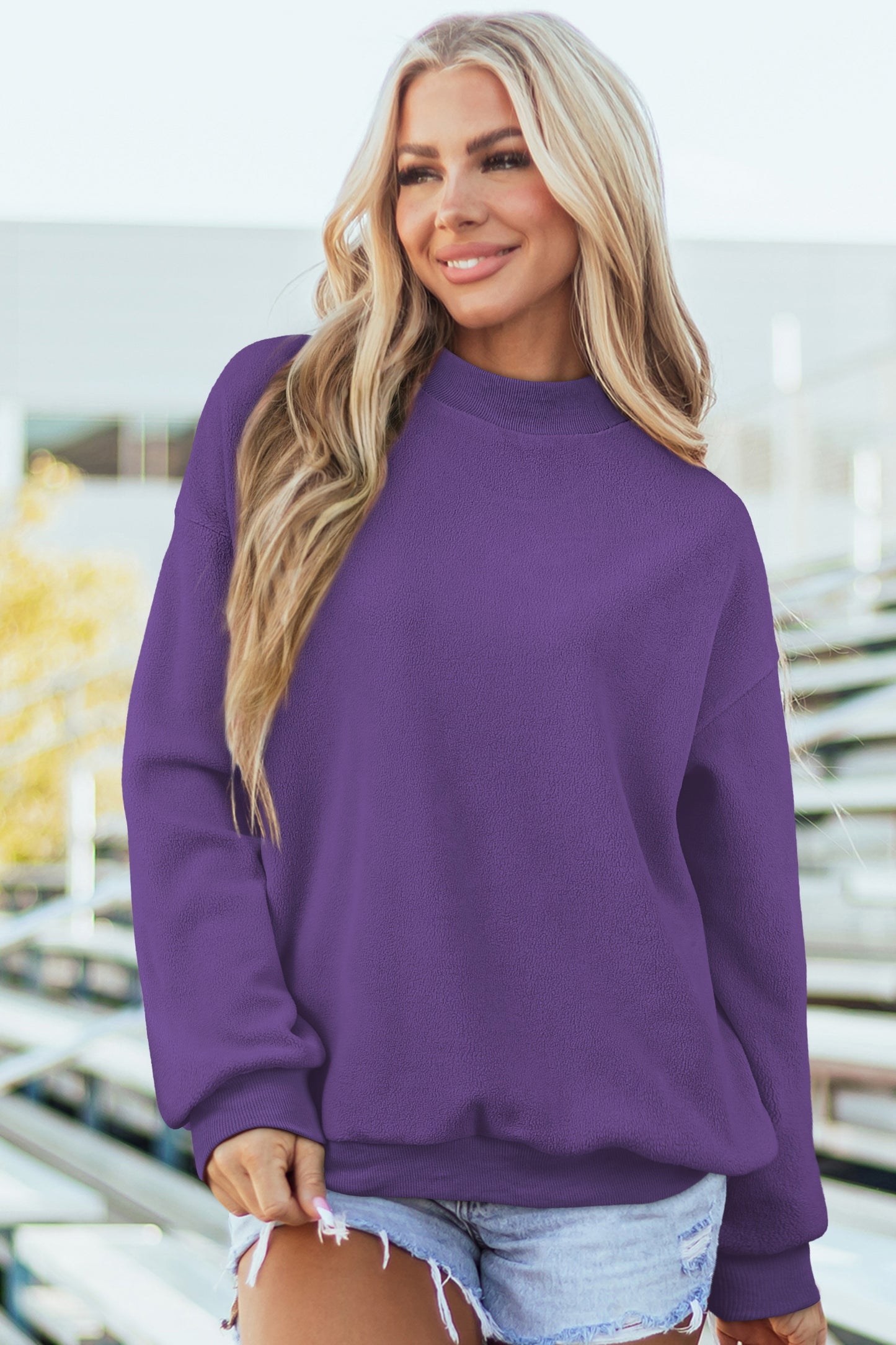 Apricot Oversize Drop Shoulder Reversible Mock Neck Sweatshirt