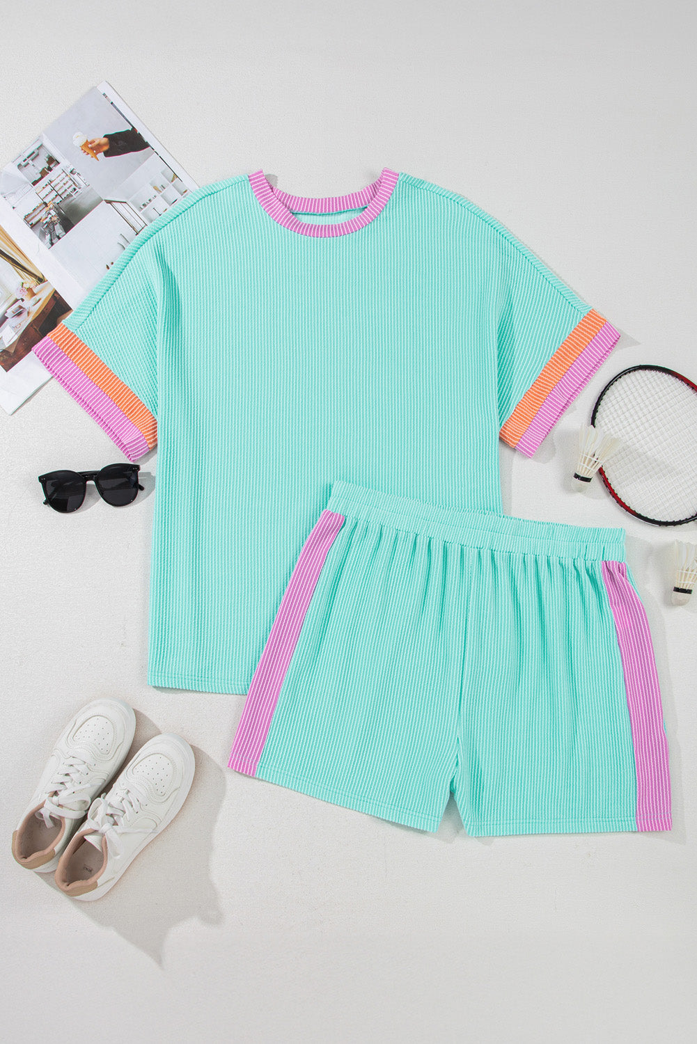 Light Blue Plus Size Color Block Corded Knit Tee and Shorts Set
