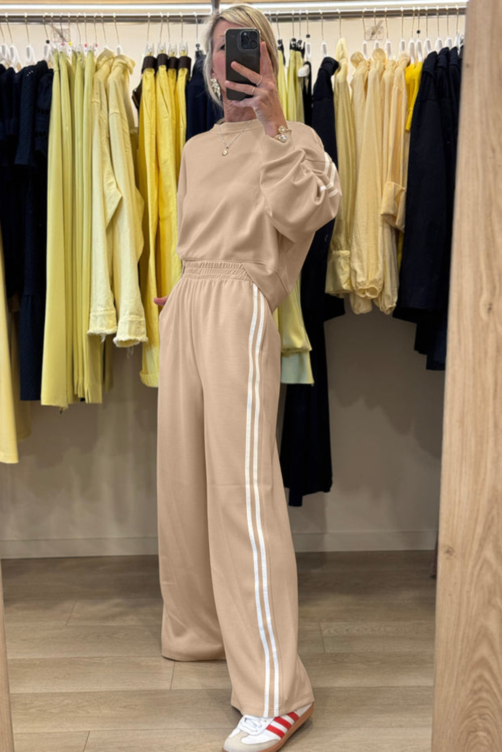 Oatmeal Varsity Striped Detail Cropped Pullover Wide Leg Pants 2pcs Outfit