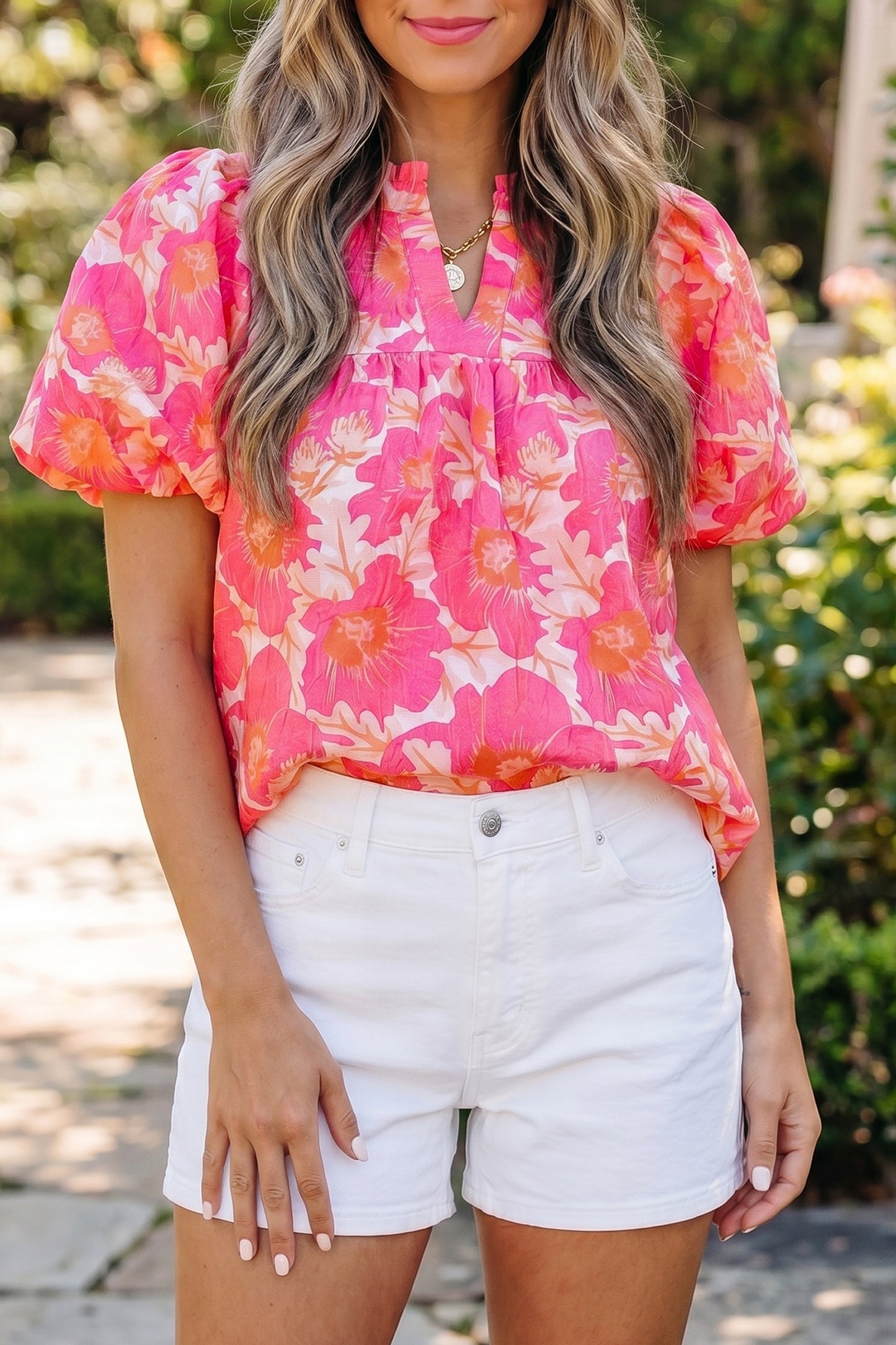 Green Short Bubble Sleeve Summer Floral Blouse
