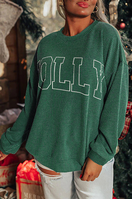 Blackish Green Twisted Rib Merry Letter Graphic Loose Long Sleeve Top